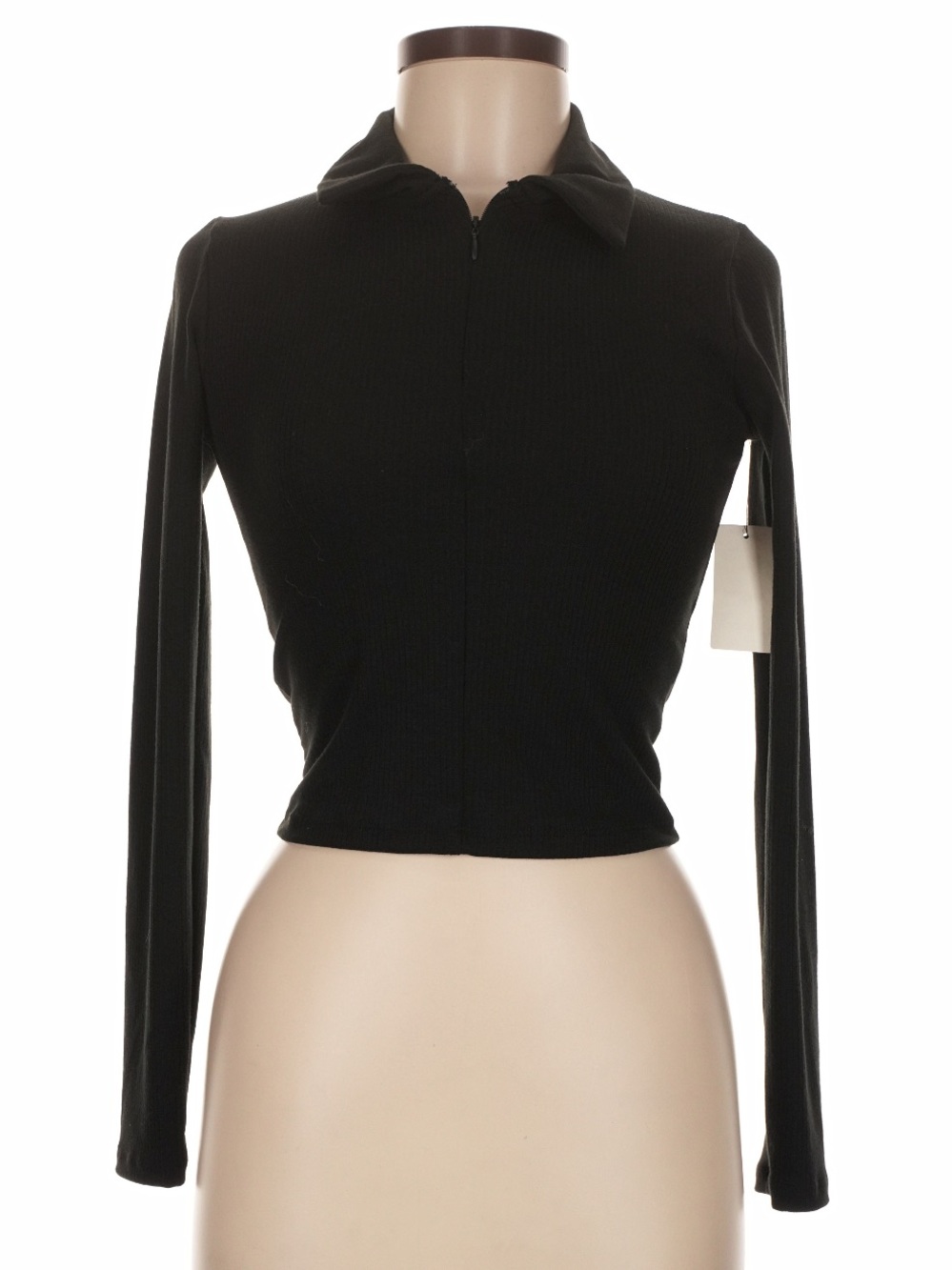 Women's cropped Black Ribbed Long-Sleeve Quarter Zip Polo Top